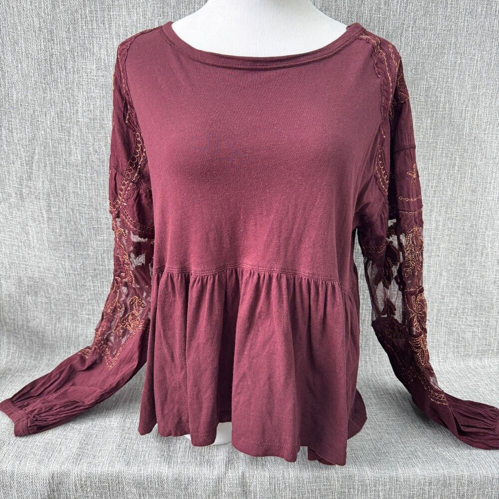 Free People Top Womens S Burgundy Penny Embroidered Sleeve Boxy Peplum Bohemian